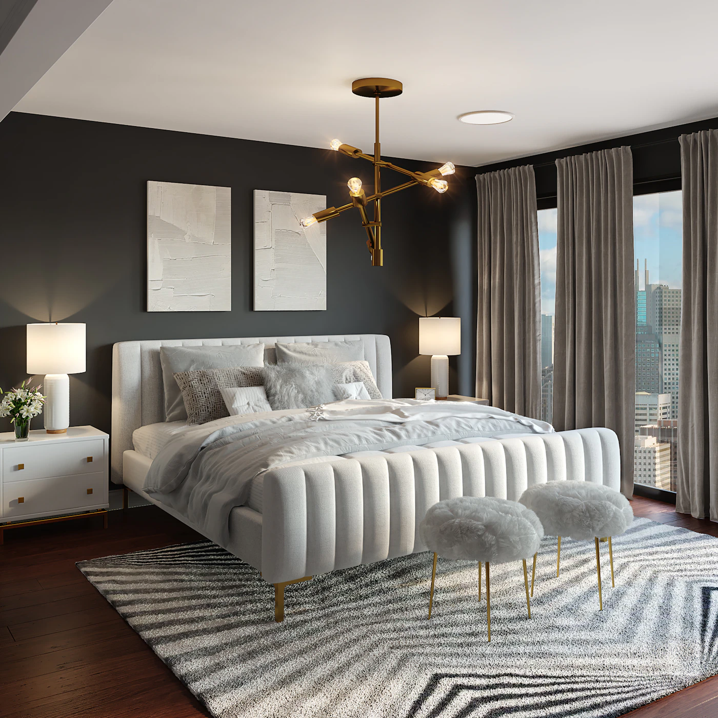 Bedroom interior with upholstered bed and statement chandelier