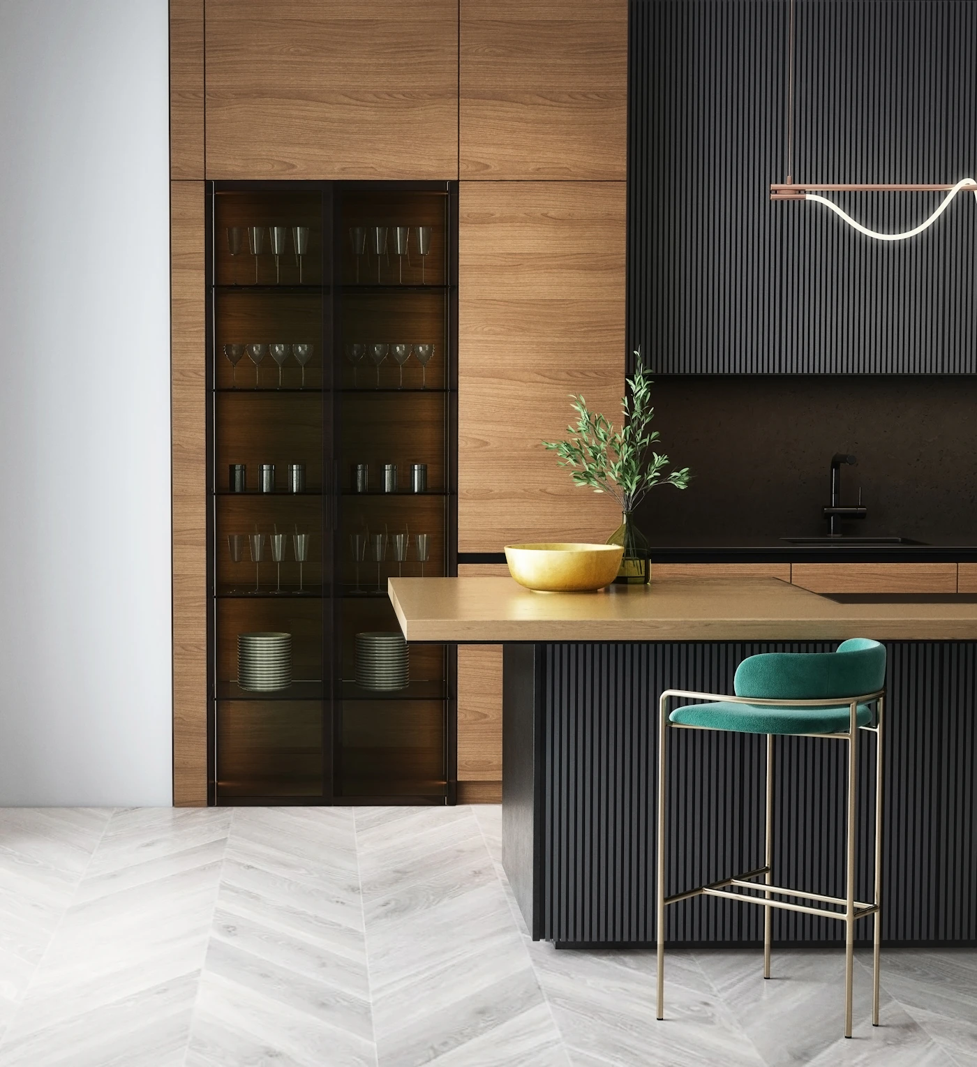 Warm finished kitchen and dining interior with custom cabinetry