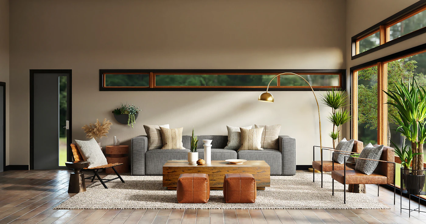 Spacious living room with warm wood ceiling detail