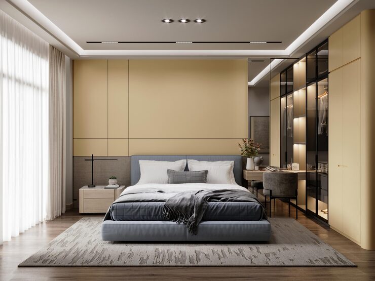 Bedroom with wardrobe, bed and dressing mirror