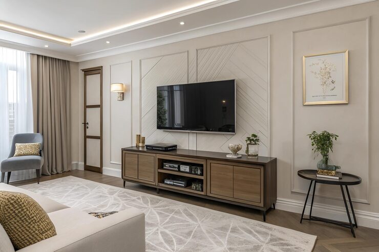 Living room TV unit with display shelves