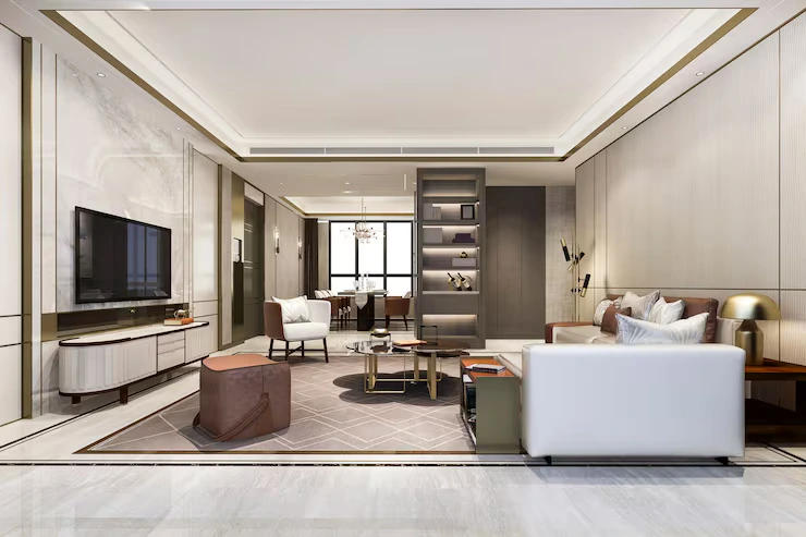 Double-height living room designed and executed by Snowdrop Interiors